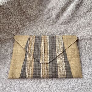 Shebobo Brown Raffia Woven Clutch Handmade Madagascar Snap Closure